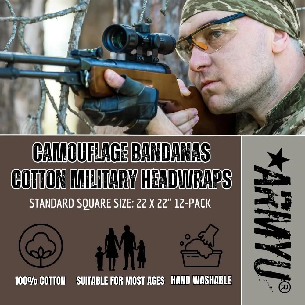 12 Pack Camouflage Bandanas Army Camo Headwraps Military Head Scarves Do-rags 100% Cotton Bandannas 22'' Square