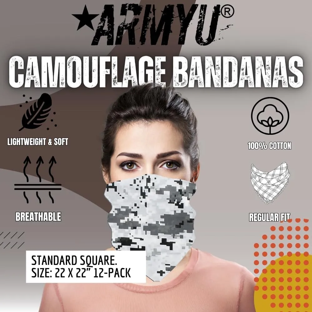 12 Pack Camouflage Bandanas Army Camo Headwraps Military Head Scarves Do-rags 100% Cotton Bandannas 22'' Square