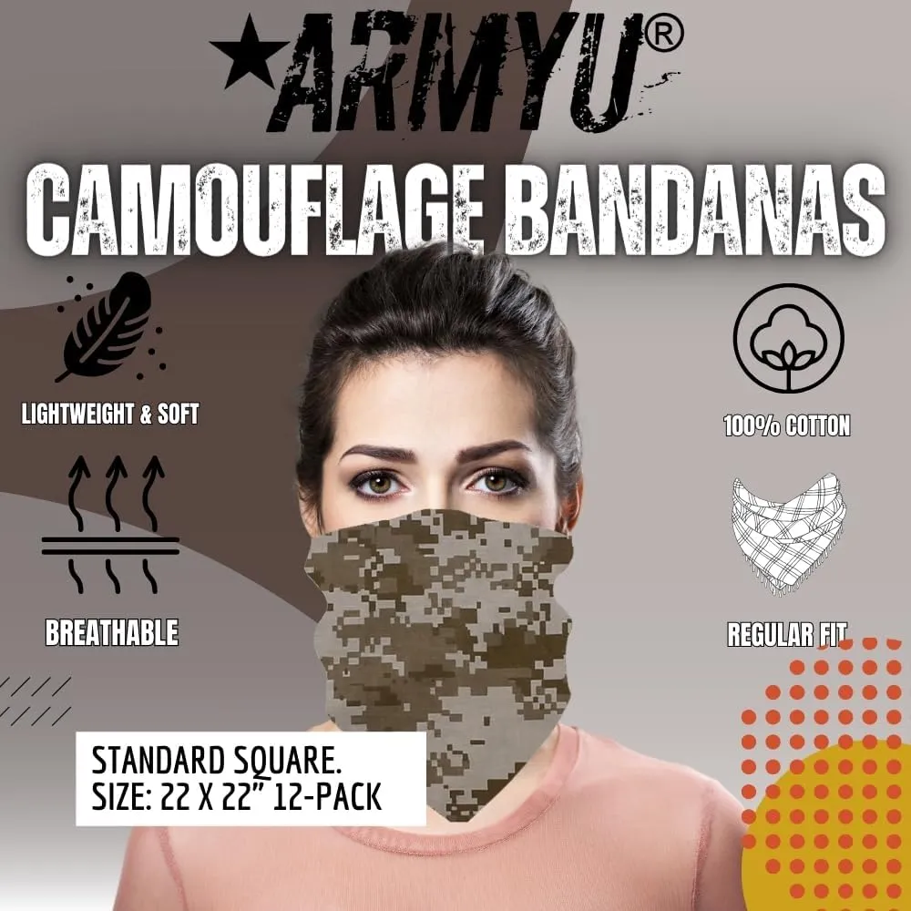 12 Pack Camouflage Bandanas Army Camo Headwraps Military Head Scarves Do-rags 100% Cotton Bandannas 22'' Square