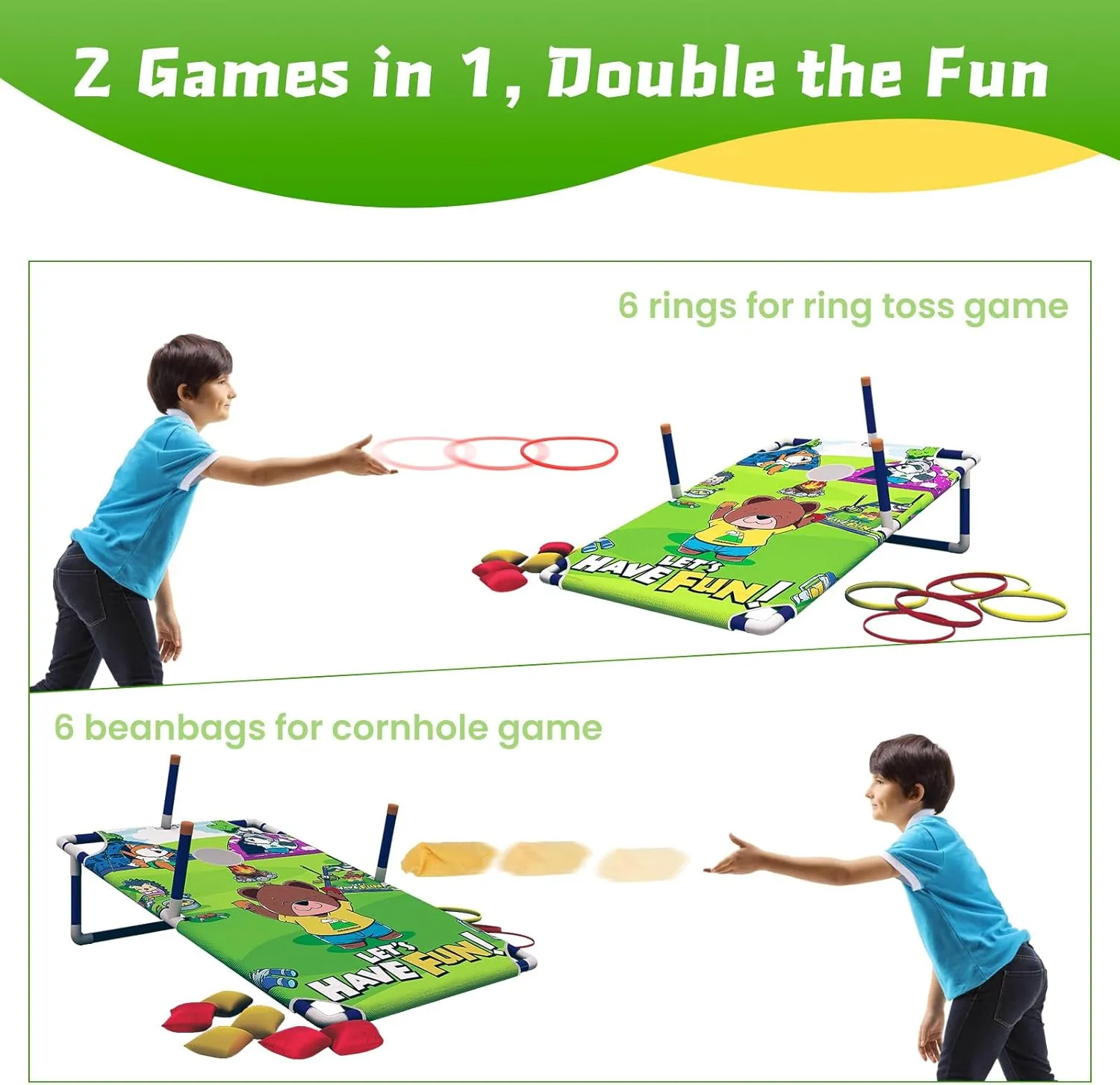 2 in 1 Bean Bag Toss Game - Ring Toss/Cornhole Set with Bags - Fun Outdoor Games for Kids