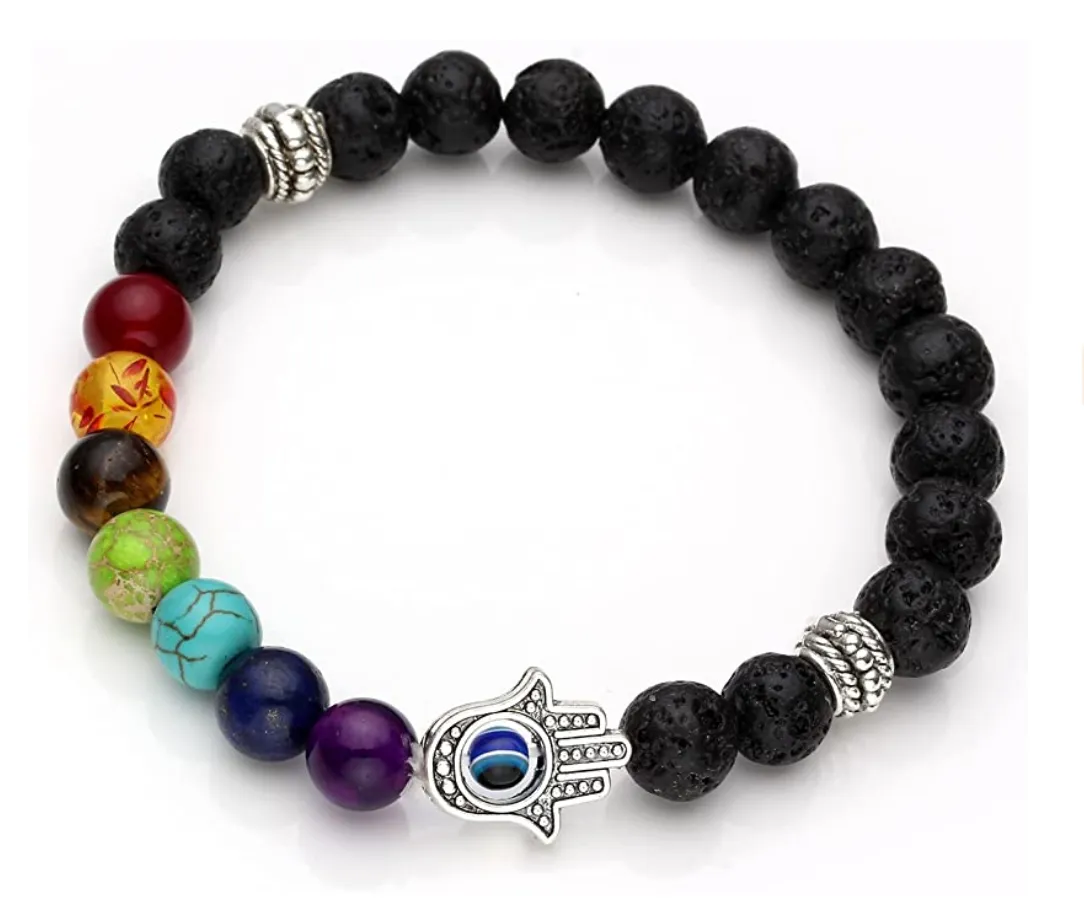 7 Chakras Bracelet Red Lava Stone Hamsa Hand Fatima Black Kabbalah Charm Yoga Jewelry Lucky Jewish Bracelet Kabbalah Reiki Healing 7-8 in.