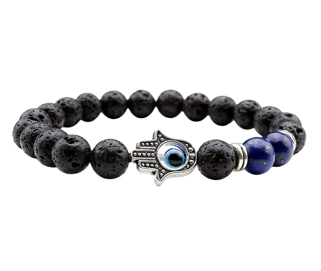 7 Chakras Bracelet Red Lava Stone Hamsa Hand Fatima Black Kabbalah Charm Yoga Jewelry Lucky Jewish Bracelet Kabbalah Reiki Healing 7-8 in.