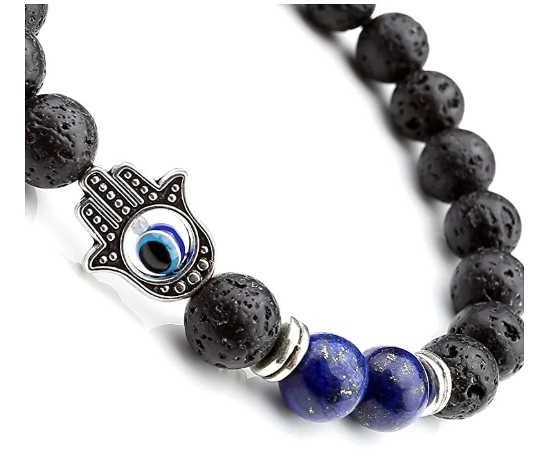 7 Chakras Bracelet Red Lava Stone Hamsa Hand Fatima Black Kabbalah Charm Yoga Jewelry Lucky Jewish Bracelet Kabbalah Reiki Healing 7-8 in.