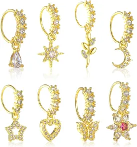8 PCS Dangle Nose Ring Hoop Gold Nose Rings Studs for Women Dangling Nose Piercing Jewelry Set Heart Star Flower Leaf Butterfly Moon Shape Cute Nose Rings Hoops Charm Cartilage Earring for Women