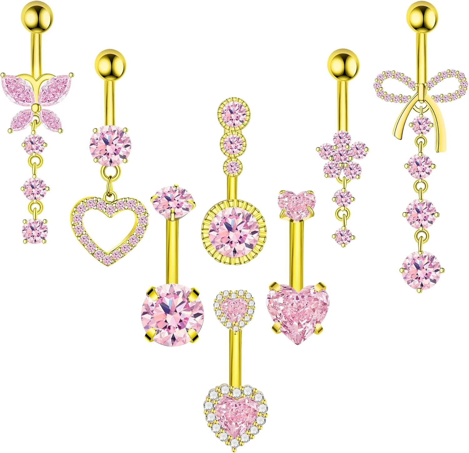 8Pcs Gold Pink Silver Belly Button Ring Dangle Navel Belly Piercing Jewelry Cute CZ Butterfly Heart Flower Bow Navel Belly Rings for Women 14G Hypoallergenic Surgical Stainless Steel Dainty Dangling Dangly Belly Button Piercing Pack