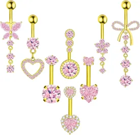 8Pcs Gold Pink Silver Belly Button Ring Dangle Navel Belly Piercing Jewelry Cute CZ Butterfly Heart Flower Bow Navel Belly Rings for Women 14G Hypoallergenic Surgical Stainless Steel Dainty Dangling Dangly Belly Button Piercing Pack
