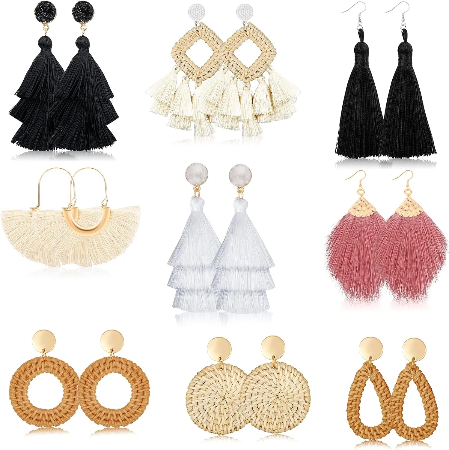 9 Pairs-26 Pairs Rattan Earrings for Women Girls Lightweight Acrylic Geometric Statement Woven Earrings Handmade Straw Wicker Braid Hoop Drop Dangle Earrings