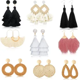 9 Pairs-26 Pairs Rattan Earrings for Women Girls Lightweight Acrylic Geometric Statement Woven Earrings Handmade Straw Wicker Braid Hoop Drop Dangle Earrings