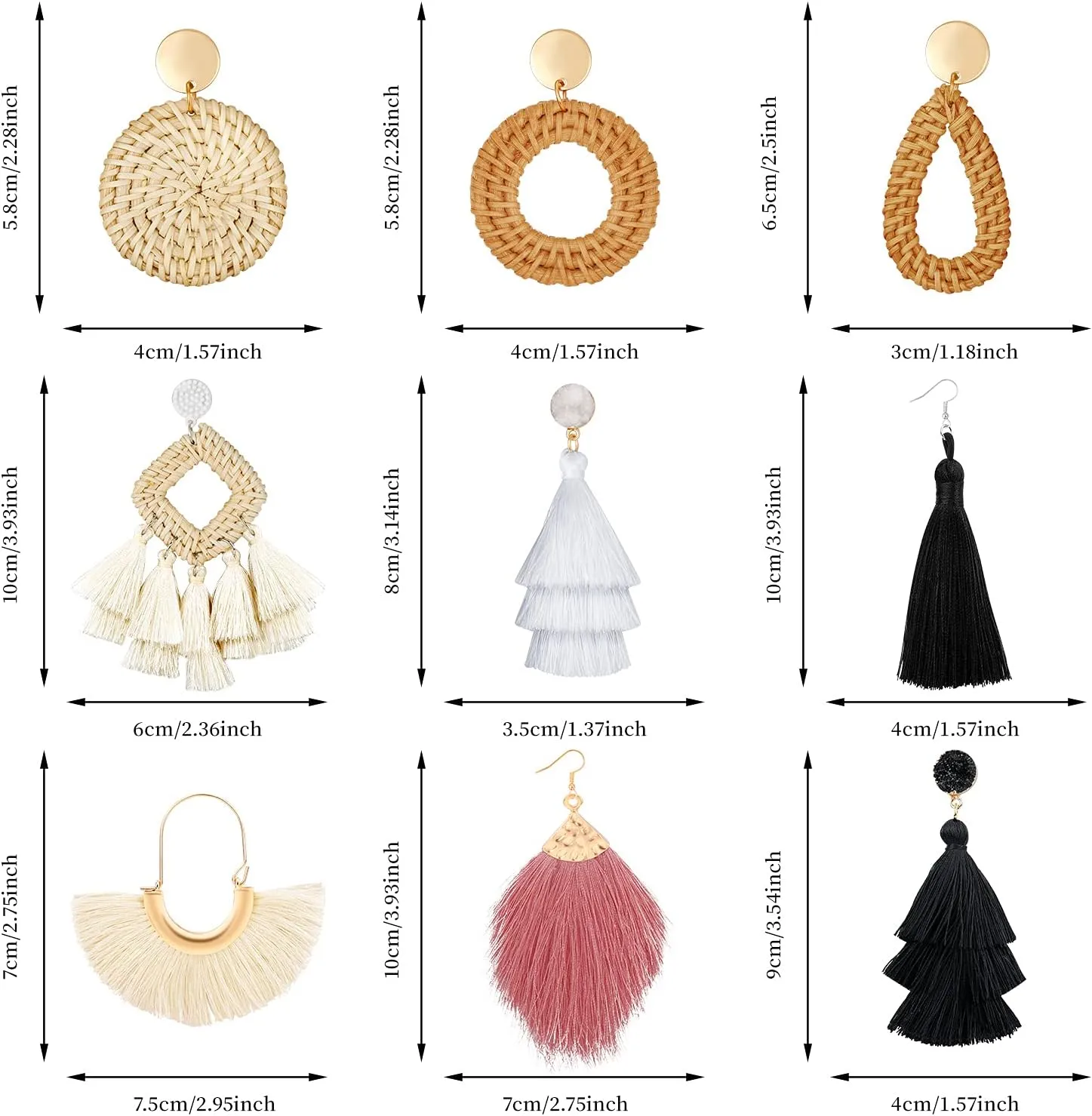 9 Pairs-26 Pairs Rattan Earrings for Women Girls Lightweight Acrylic Geometric Statement Woven Earrings Handmade Straw Wicker Braid Hoop Drop Dangle Earrings