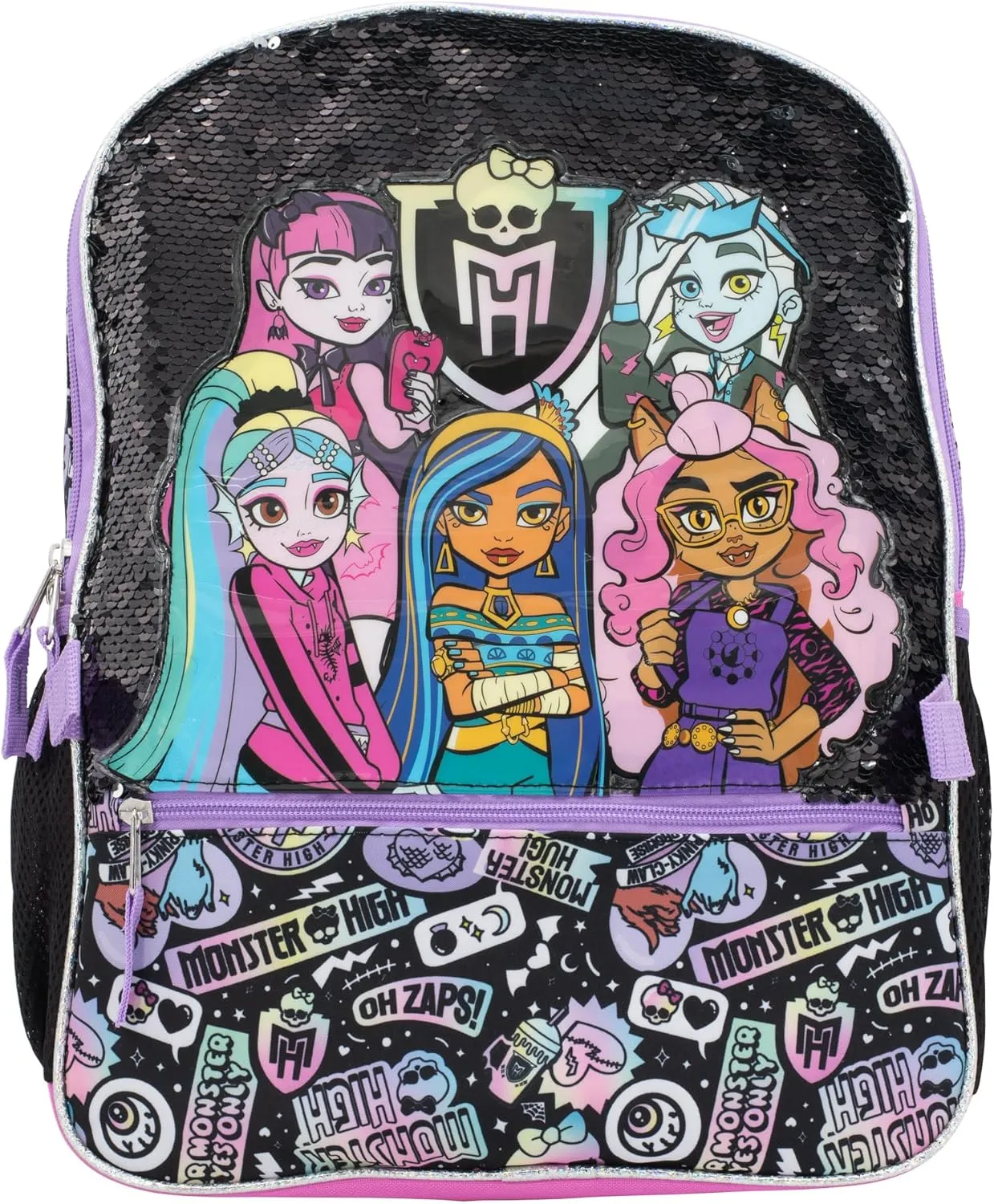 AI ACCESSORY INNOVATIONS Monster High 4 Piece Backpack Set, Clawdeen Wolf, Cleo DeNile, Dracularua, Frankie Stein, & Lagoona Blue Bookbag, Flip Sequins 16 School Bag, Black & Pink