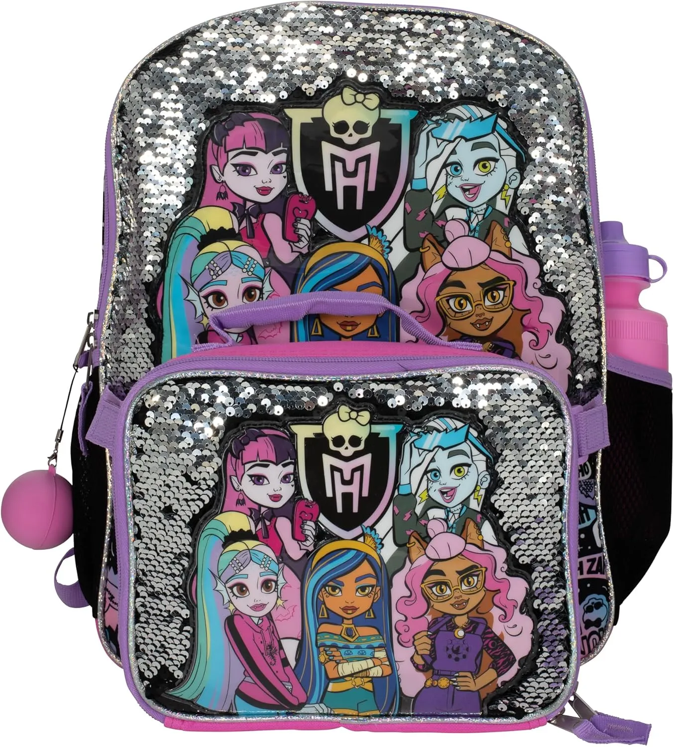 AI ACCESSORY INNOVATIONS Monster High 4 Piece Backpack Set, Clawdeen Wolf, Cleo DeNile, Dracularua, Frankie Stein, & Lagoona Blue Bookbag, Flip Sequins 16 School Bag, Black & Pink