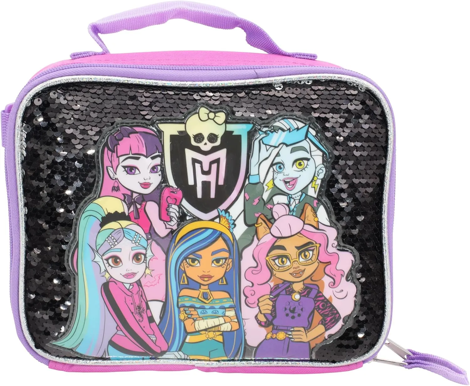 AI ACCESSORY INNOVATIONS Monster High 4 Piece Backpack Set, Clawdeen Wolf, Cleo DeNile, Dracularua, Frankie Stein, & Lagoona Blue Bookbag, Flip Sequins 16 School Bag, Black & Pink