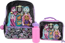 AI ACCESSORY INNOVATIONS Monster High 4 Piece Backpack Set, Clawdeen Wolf, Cleo DeNile, Dracularua, Frankie Stein, & Lagoona Blue Bookbag, Flip Sequins 16 School Bag, Black & Pink