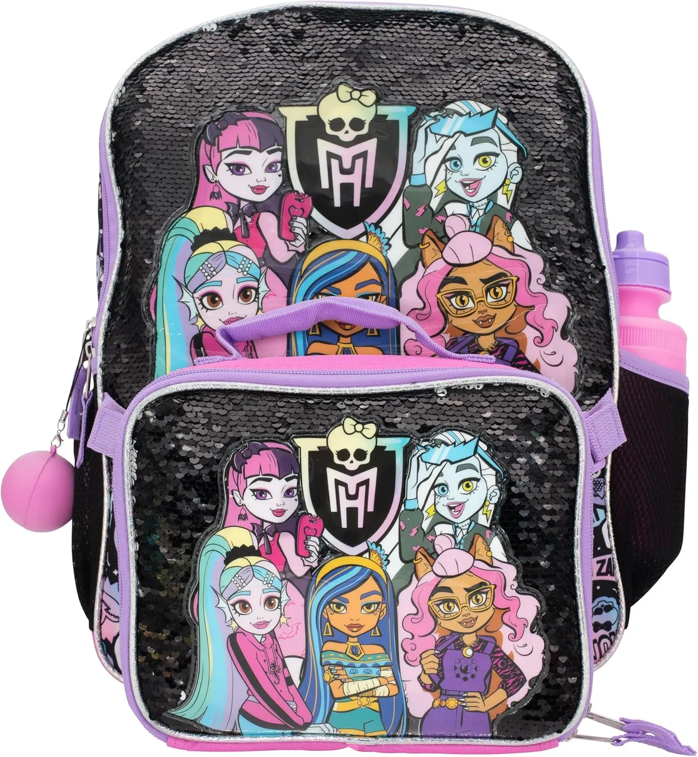 AI ACCESSORY INNOVATIONS Monster High 4 Piece Backpack Set, Clawdeen Wolf, Cleo DeNile, Dracularua, Frankie Stein, & Lagoona Blue Bookbag, Flip Sequins 16 School Bag, Black & Pink