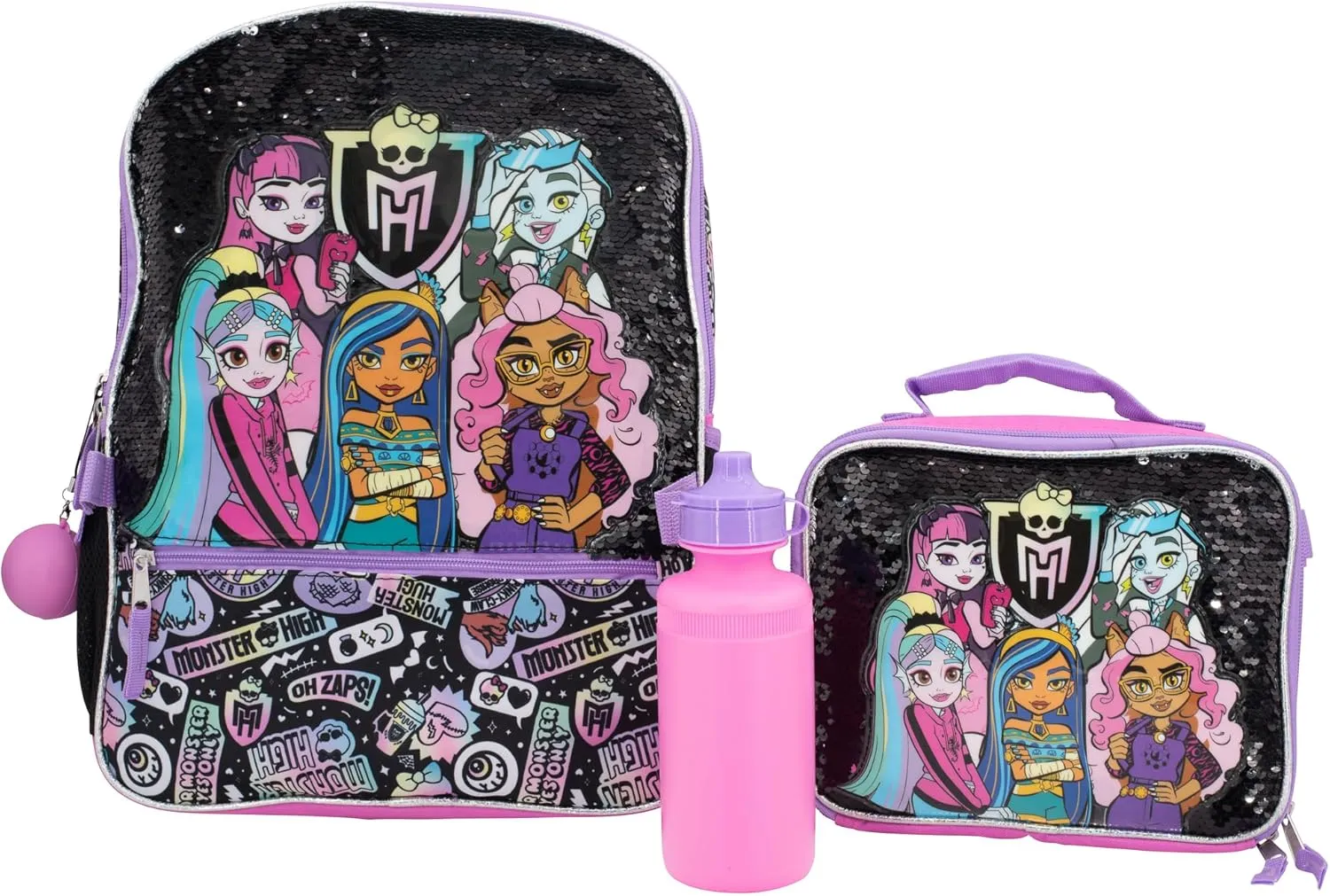 AI ACCESSORY INNOVATIONS Monster High 4 Piece Backpack Set, Clawdeen Wolf, Cleo DeNile, Dracularua, Frankie Stein, & Lagoona Blue Bookbag, Flip Sequins 16 School Bag, Black & Pink