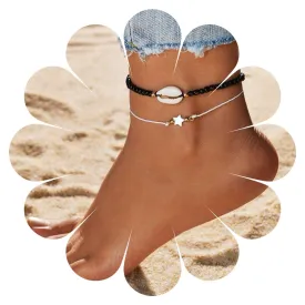 Andelaisi Boho Layered Shell Ankle Bracelet Vintage Wax Rope Anklet Bracelet Black Beaded Star Conch Ankle Bracelet Beach Cowrie Star Foot Chain Jewelry for Women