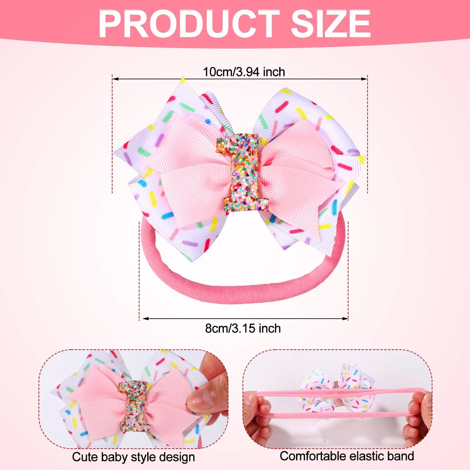 Baby Bow Headband, Cute Baby Hair Bow Elastic Hairband Bow Hair Accessories for Newborn Baby Girls Toddlers 1st First Birthday Party Decorations Photo Props (Ice Cream)