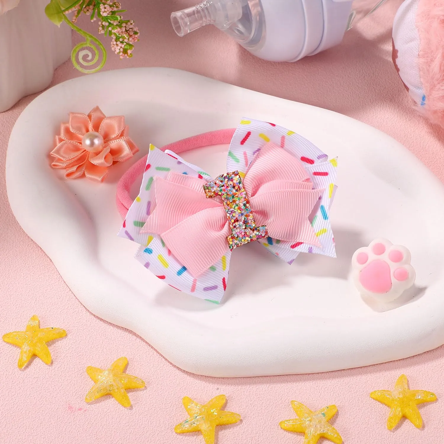 Baby Bow Headband, Cute Baby Hair Bow Elastic Hairband Bow Hair Accessories for Newborn Baby Girls Toddlers 1st First Birthday Party Decorations Photo Props (Ice Cream)