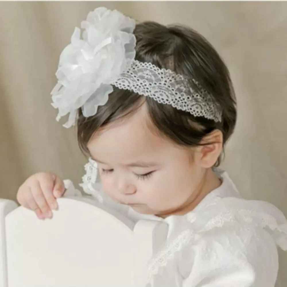 Baby Girl Headband Floral White Lace Baptism Christening Hairband Elastics Soft Head Wrap for Toddlers Hair Accessories for Infants Kids Shower Birthday Wedding Party (Style 10)