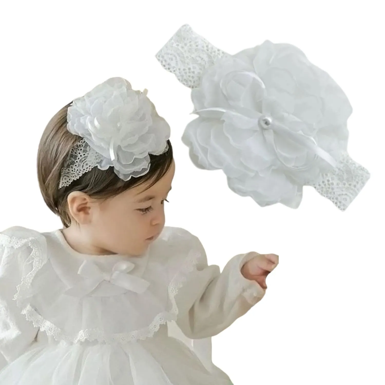 Baby Girl Headband Floral White Lace Baptism Christening Hairband Elastics Soft Head Wrap for Toddlers Hair Accessories for Infants Kids Shower Birthday Wedding Party (Style 10)