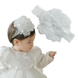 Baby Girl Headband Floral White Lace Baptism Christening Hairband Elastics Soft Head Wrap for Toddlers Hair Accessories for Infants Kids Shower Birthday Wedding Party (Style 10)