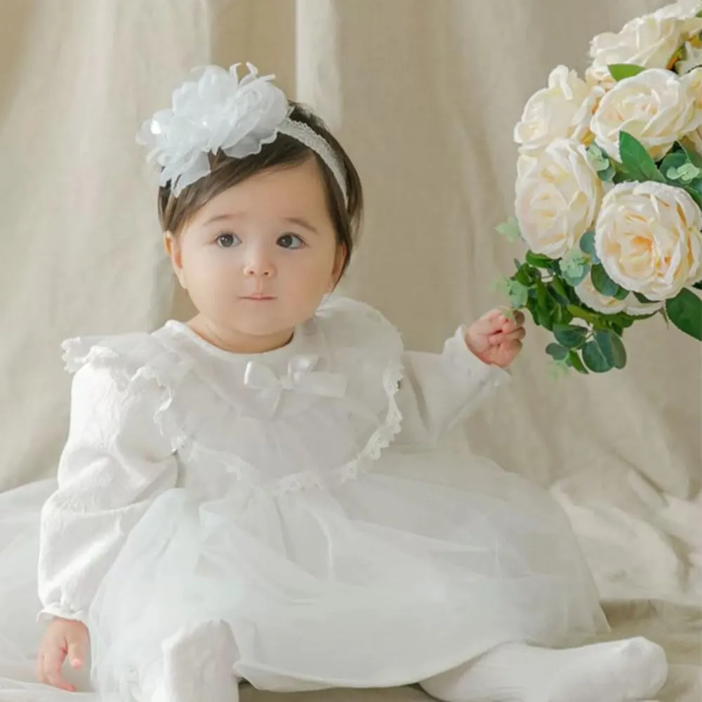 Baby Girl Headband Floral White Lace Baptism Christening Hairband Elastics Soft Head Wrap for Toddlers Hair Accessories for Infants Kids Shower Birthday Wedding Party (Style 10)