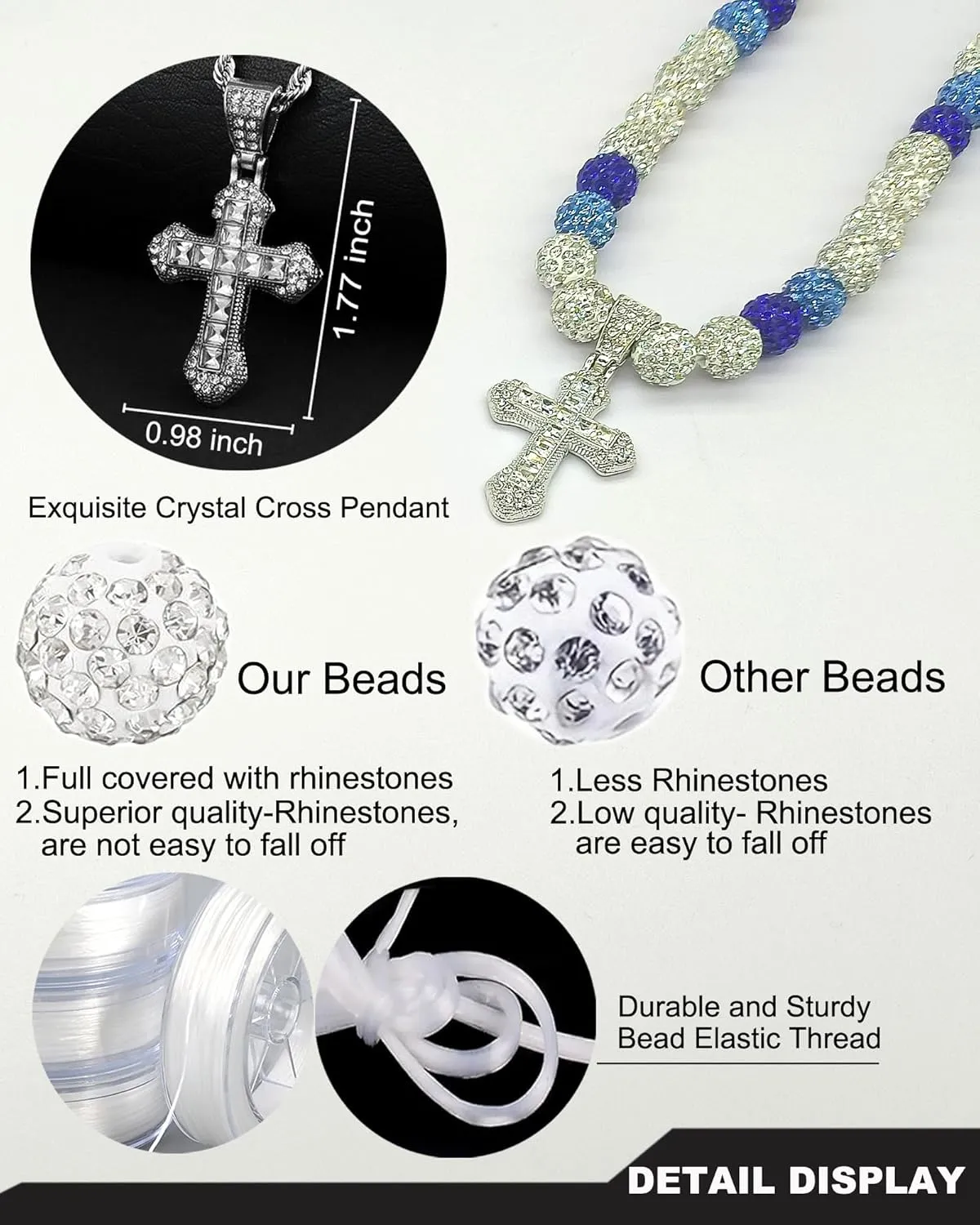 Baseball Necklace for Men 20 Inch Bling Ice Collection Cross Pendant Necklace for Women Rhinestone Clay Beaded Discoball Baseball Accessories Gifts for Team Players Lovers
