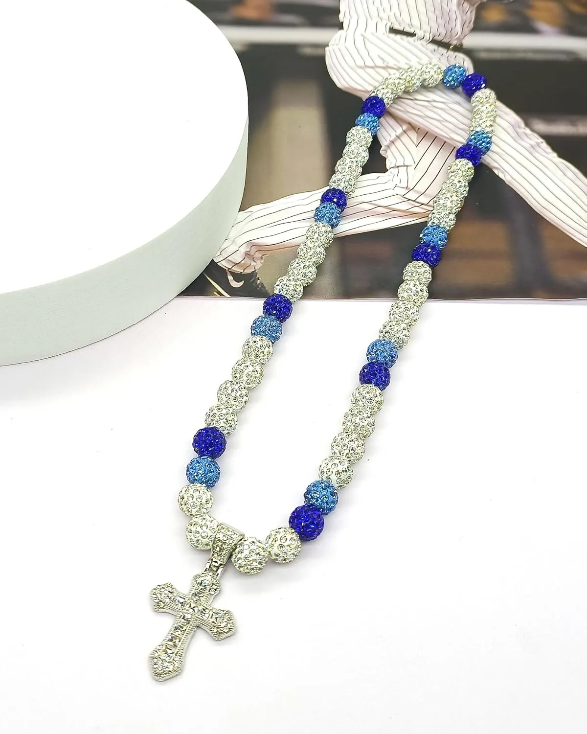 Baseball Necklace for Men 20 Inch Bling Ice Collection Cross Pendant Necklace for Women Rhinestone Clay Beaded Discoball Baseball Accessories Gifts for Team Players Lovers