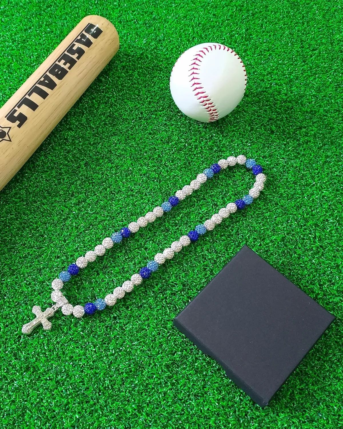 Baseball Necklace for Men 20 Inch Bling Ice Collection Cross Pendant Necklace for Women Rhinestone Clay Beaded Discoball Baseball Accessories Gifts for Team Players Lovers