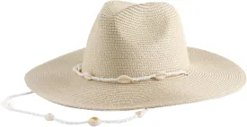 Beach Fedora Hats for Women,Womens Sun Hat with Seashell Beaded Chain Wide Brim Hats for Women Sun Protection Straw Hat for Summer Beach Seaside Picnic Camping Hiking, Beige