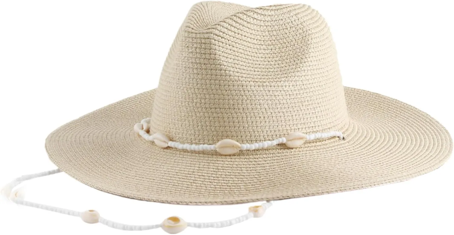 Beach Fedora Hats for Women,Womens Sun Hat with Seashell Beaded Chain Wide Brim Hats for Women Sun Protection Straw Hat for Summer Beach Seaside Picnic Camping Hiking, Beige