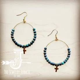 Beaded Hoop Earrings- African Turquoise w/ Cross Dangle 215e
