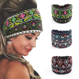 Bohend African Wide Stretchy Knotted Headbands Non Slip Elastic Bandeau Headwraps Colorful Boho Pattern Hair Band Yoga Sport Beach Turban Hair Accessories for Women and Girls 3Ps (2)