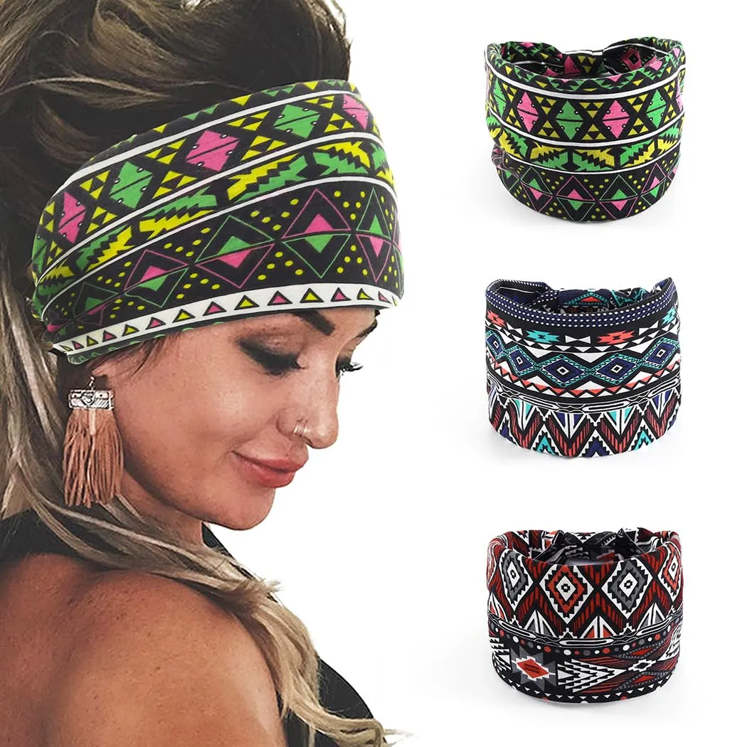 Bohend African Wide Stretchy Knotted Headbands Non Slip Elastic Bandeau Headwraps Colorful Boho Pattern Hair Band Yoga Sport Beach Turban Hair Accessories for Women and Girls 3Ps (2)