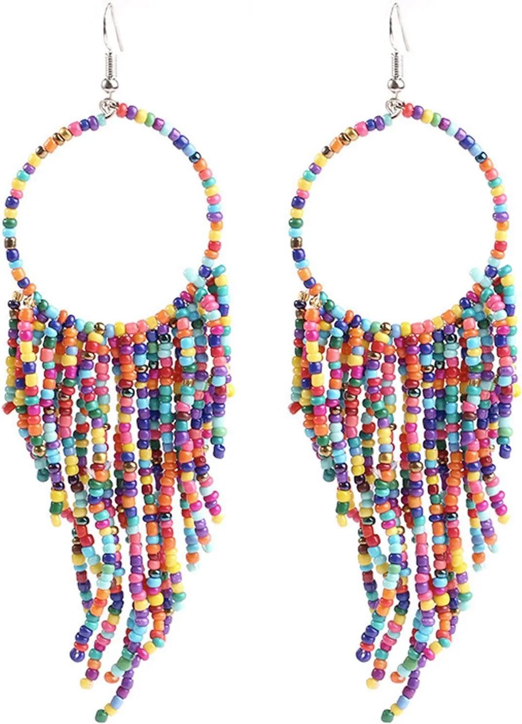 Boho Rice Beads Tassel Hoop Earrings for Women,Multicolor Long Beaded Dangle Earrings Handmade Beaded Tassel Earrings Jewelry Gifts