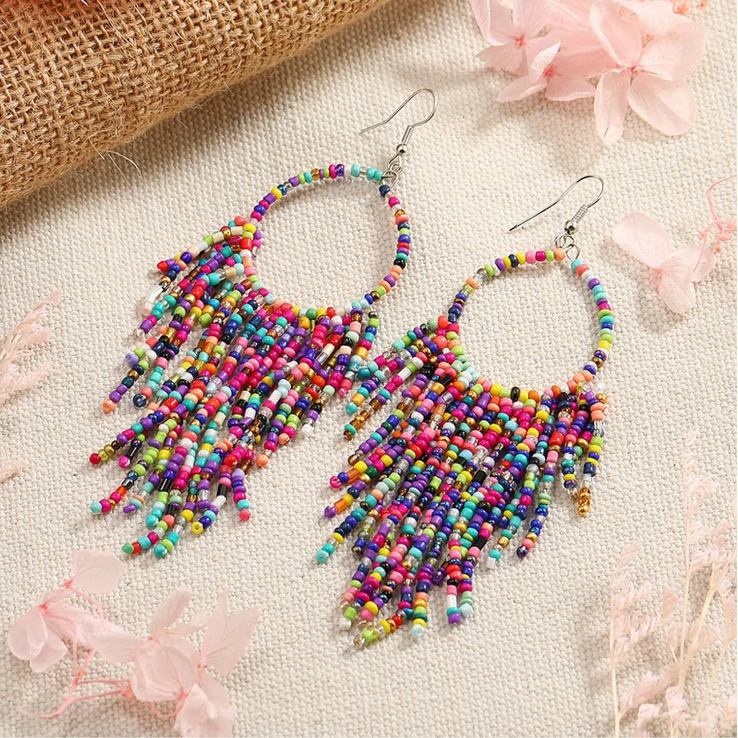 Boho Rice Beads Tassel Hoop Earrings for Women,Multicolor Long Beaded Dangle Earrings Handmade Beaded Tassel Earrings Jewelry Gifts