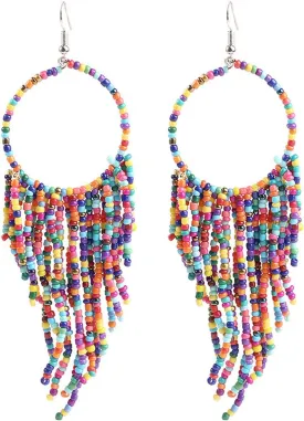 Boho Rice Beads Tassel Hoop Earrings for Women,Multicolor Long Beaded Dangle Earrings Handmade Beaded Tassel Earrings Jewelry Gifts