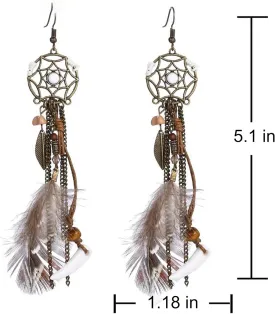 Brown Dream Catcher Feather Earrings Vintage Bohemian Ethnic Dangle Earrings for Women