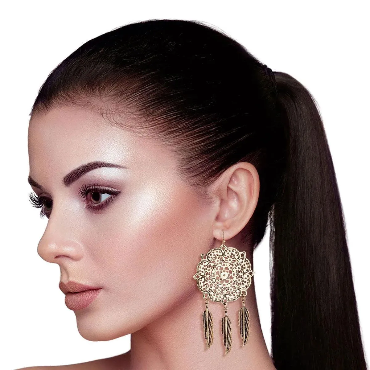 Burnished Gold Feather Mandala Earrings Await