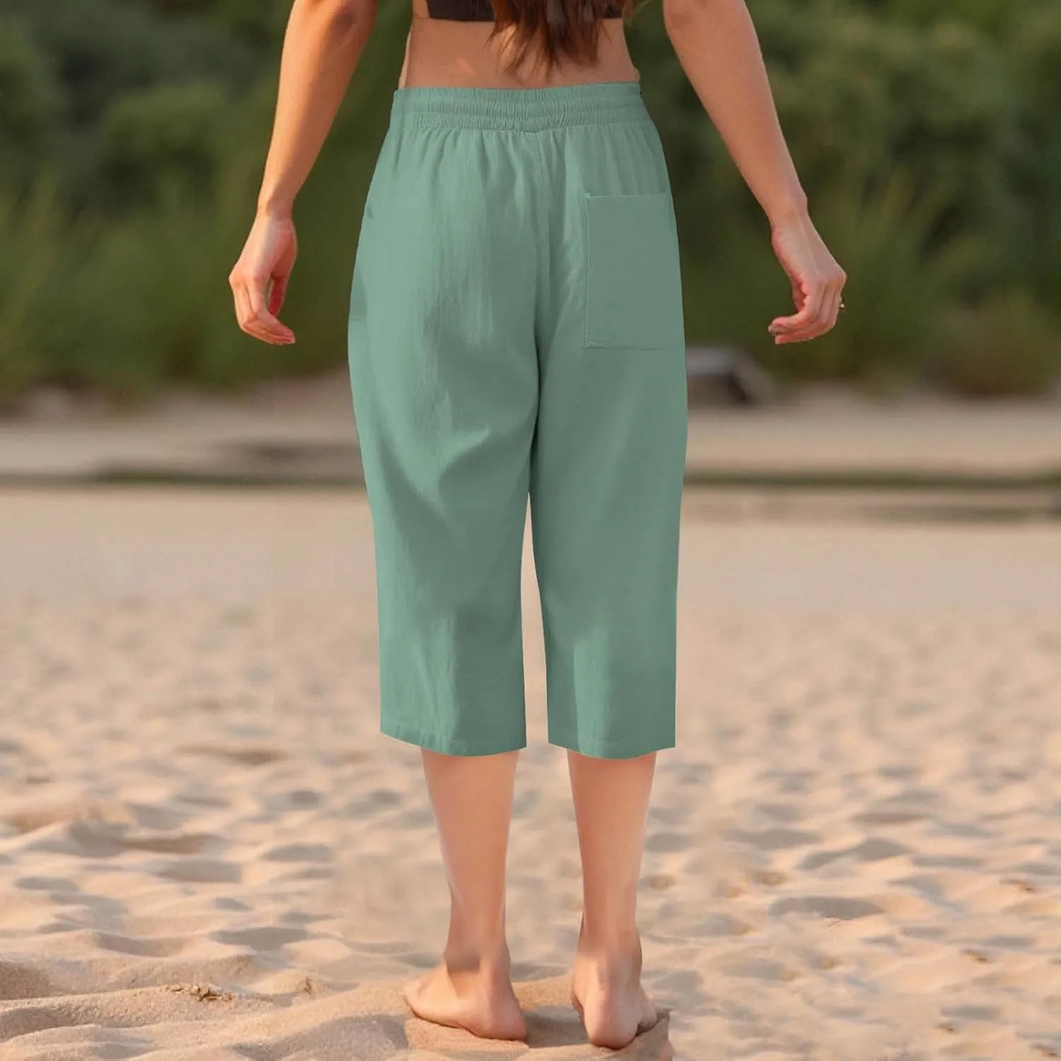 Capri Pants for Women Summer Casual Lounge Pants Cotton Linen Soft Drawstring Baggy Cropped Trousers with Pockets