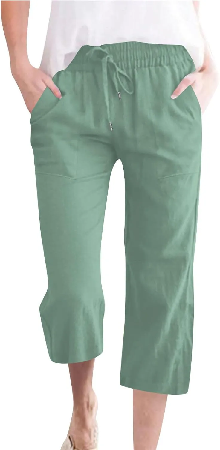 Capri Pants for Women Summer Casual Lounge Pants Cotton Linen Soft Drawstring Baggy Cropped Trousers with Pockets