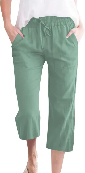 Capri Pants for Women Summer Casual Lounge Pants Cotton Linen Soft Drawstring Baggy Cropped Trousers with Pockets