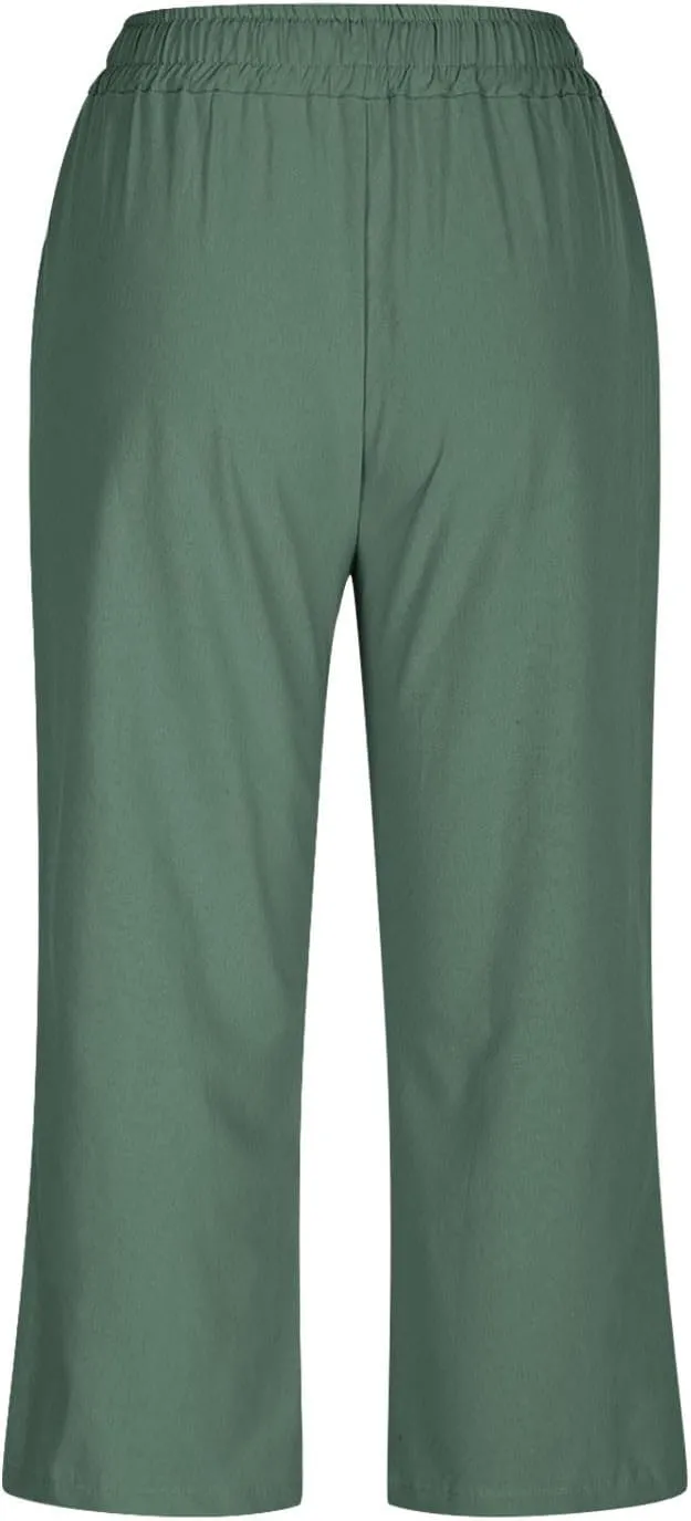 Capri Pants for Women Summer Casual Lounge Pants Cotton Linen Soft Drawstring Baggy Cropped Trousers with Pockets