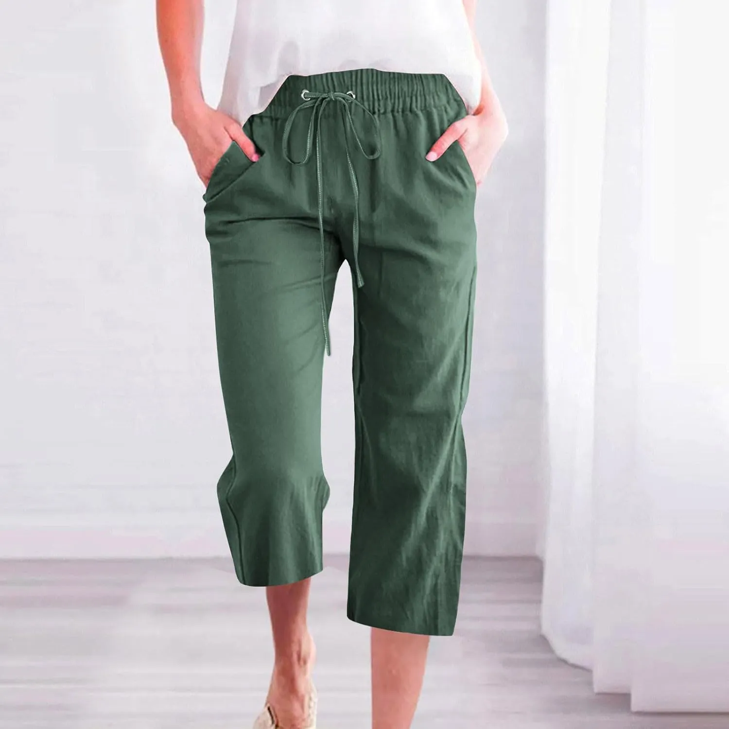 Capri Pants for Women Summer Casual Lounge Pants Cotton Linen Soft Drawstring Baggy Cropped Trousers with Pockets