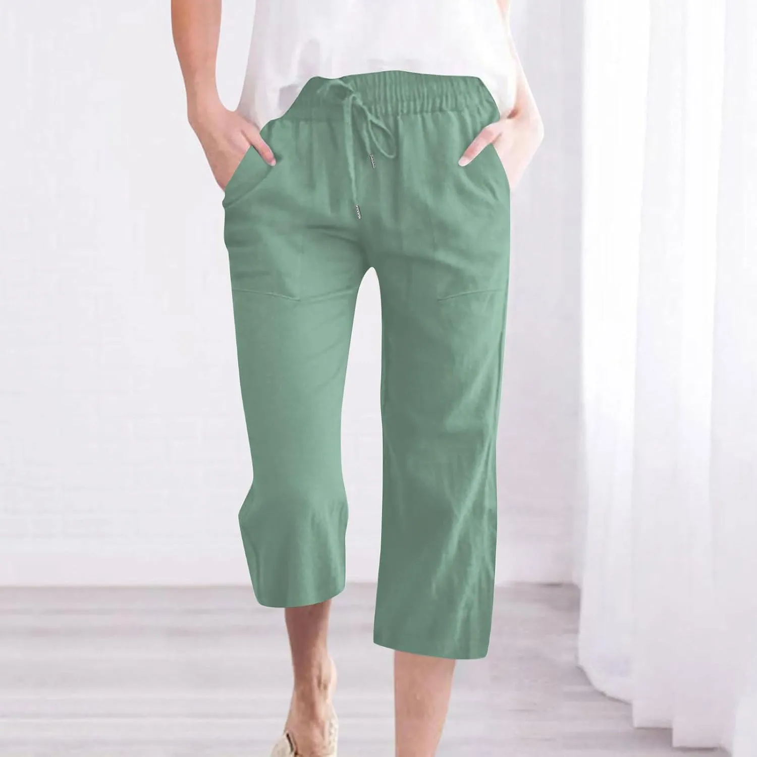 Capri Pants for Women Summer Casual Lounge Pants Cotton Linen Soft Drawstring Baggy Cropped Trousers with Pockets