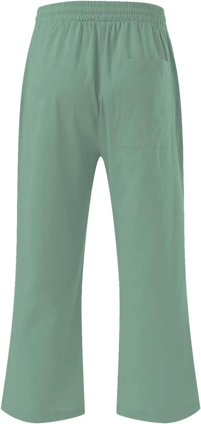 Capri Pants for Women Summer Casual Lounge Pants Cotton Linen Soft Drawstring Baggy Cropped Trousers with Pockets