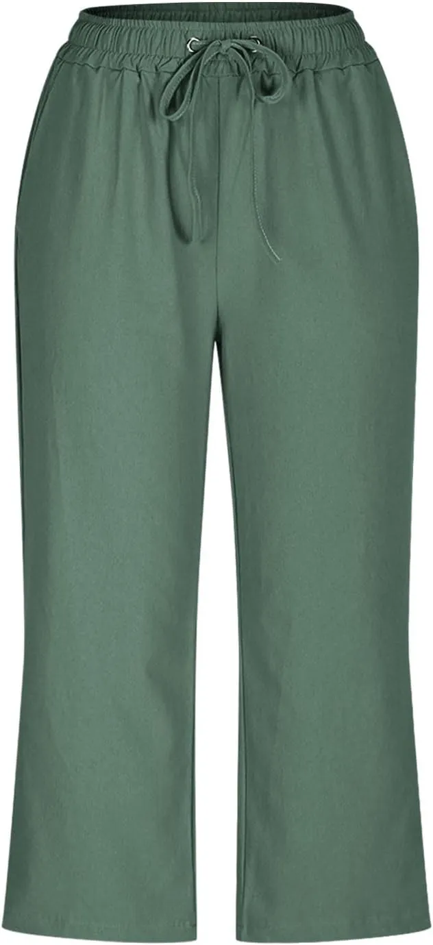 Capri Pants for Women Summer Casual Lounge Pants Cotton Linen Soft Drawstring Baggy Cropped Trousers with Pockets