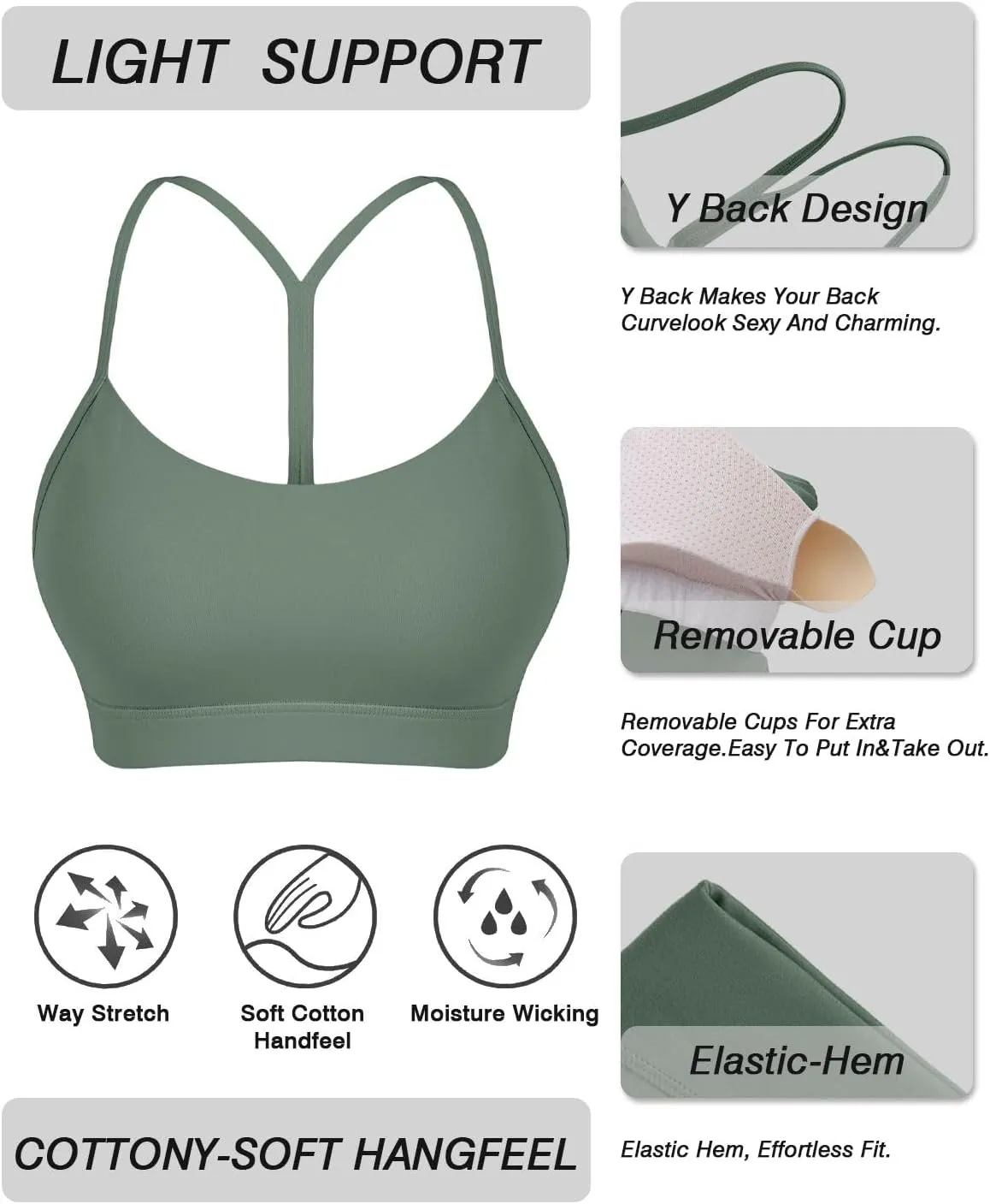 Comper Y Back Sports Bra for Women Low Impact Racerback Workout Bras Sexy Thin Straps Yoga Bras with Removable Pads