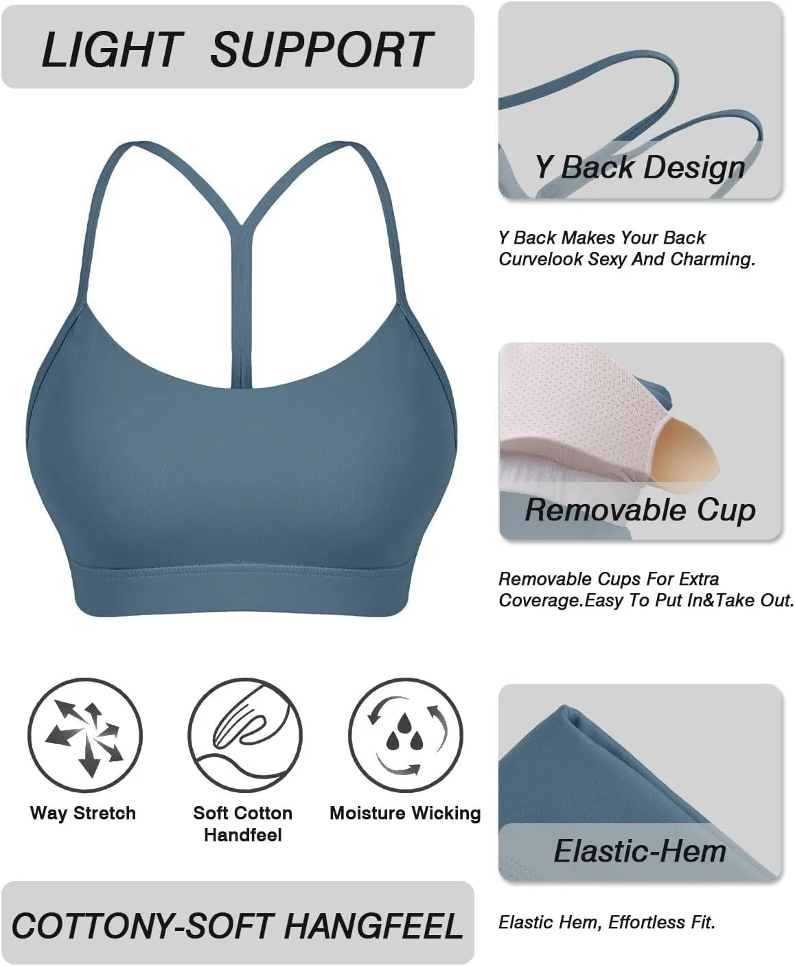 Comper Y Back Sports Bra for Women Low Impact Racerback Workout Bras Sexy Thin Straps Yoga Bras with Removable Pads