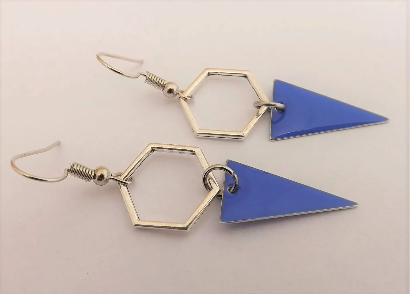 Dark Blue & Silver Tone Geometric Drop Earrings